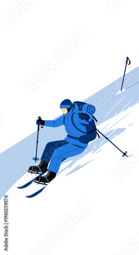 Energetic Skier Descending Snowy Mountain Slope With Poles And Backpack