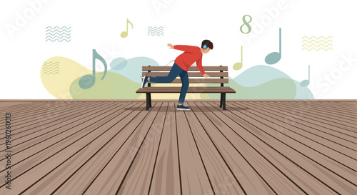 Energetic Youngster Dancing Joyfully To Music On Park Bench
