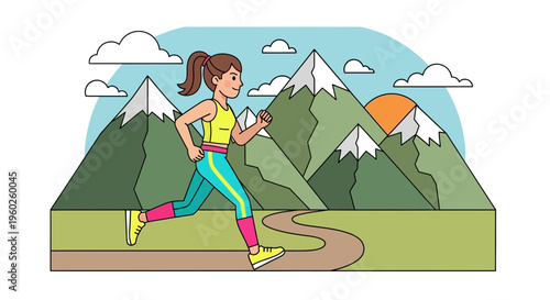 Energetic Woman Running Through Scenic Mountainous Landscape At Sunrise