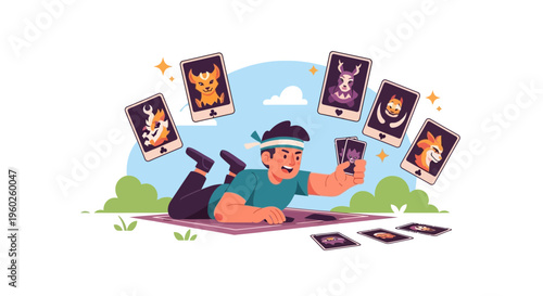 Engaged Individual Playing Digital Card Game Outdoors Enjoying Hobby