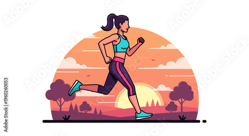 Energetic Woman Running Through Vibrant Sunset Landscape Scene
