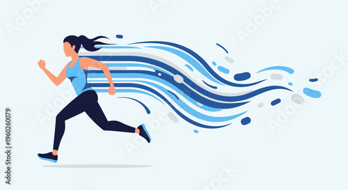 Energetic Woman Running With Blue Streaks And Splashes Effect