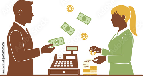 Cash Payment at Retail Checkout Illustration with Customer Paying Banknotes and Coins to Cashier Store Transaction Concept for Shopping Finance Commerce and Business Vector Designs