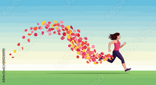 Energetic Woman Running With A Trail Of Colorful Petals Floating