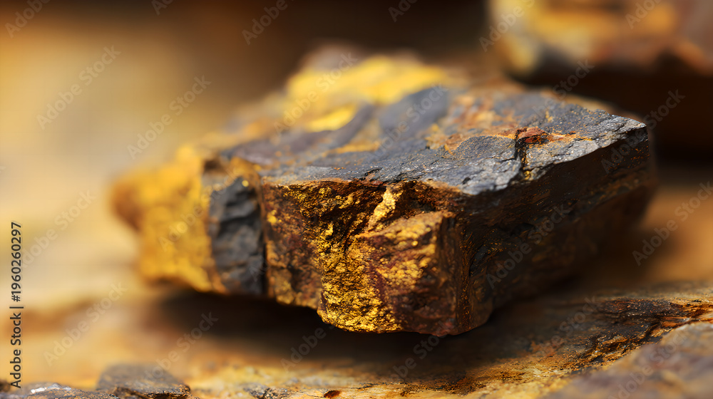 Fototapeta premium Raw rare earth mineral crystals on the weathered crust of yellow brown granite exhibit metallic reflections, showcasing strategic mineral resources and industrial clean energy materials.