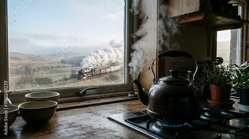 A rustic kitchen with a kettle on the stovetop and a scenic view of rolling hills outside