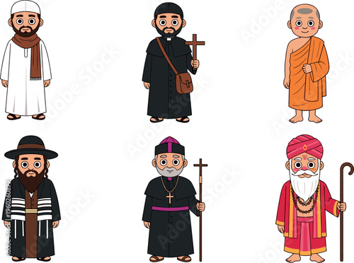 Religious leader cartoon character set featuring Muslim imam, Christian priest, Buddhist monk, Jewish rabbi and Hindu guru spiritual figures isolated on light background illustration