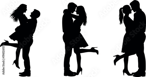 Romantic couple kissing silhouettes set with man lifting woman and loving poses isolated on white background, relationship, romance and Valentine love concept illustration