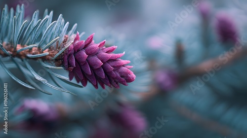 Close-up of a vibrant pink pine cone on a blue spruce branch.