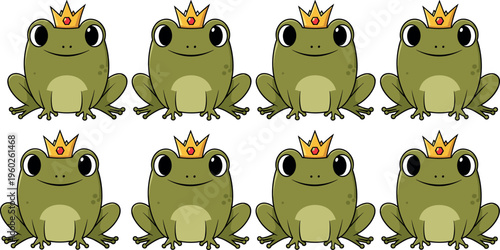 Set of cute cartoon frog prince characters with golden crown, big eyes and smiling face, green amphibian mascot illustration isolated on white background