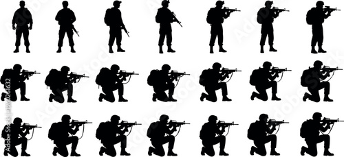 Soldier military silhouettes collection with armed soldiers aiming rifles in standing and kneeling combat positions isolated on white background, army defense concept illustration
