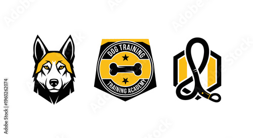 Dog Training Academy Logos: Dog Head, Bone Emblem, Leash Icon