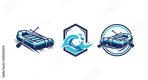Rafting and Wave Icons Set: Adventure and Water Sports Vector Graphics