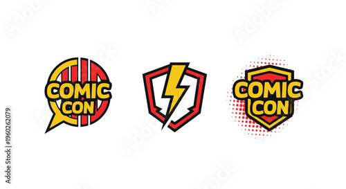 Comic Con Logo Set: Speech Bubble, Shield, and Halftone Icons