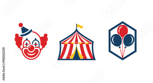 Circus Icons: Clown Face, Striped Tent, Balloons in Hexagon