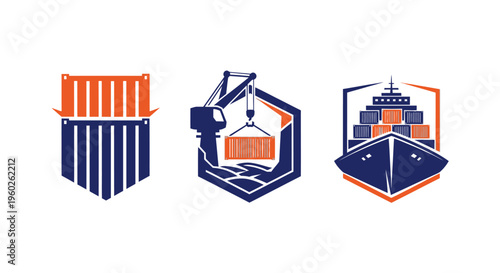 Container Ship, Crane, and Cargo Icons Set - Logistics and Shipping Symbols
