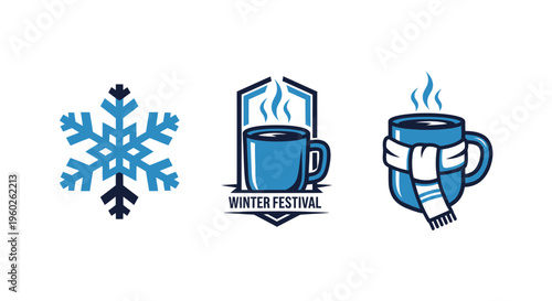 Winter Festival Icons: Snowflake, Hot Coffee Mug with Steam, and Scarfed Mug