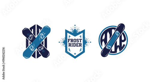 Snowboarder Logo Collection: Frost Rider, Crossed Boards, Circular Emblem