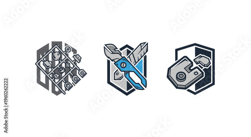 Set of 3 Icons: Plastic Model Kit, Tools, and Mechanical Parts