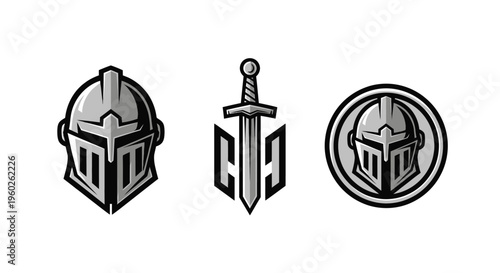 Knight Helmet and Sword Icons - Medieval Warrior Emblem Set