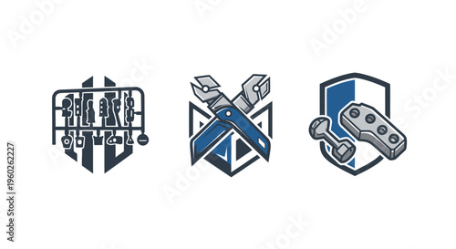 Set of three icons: tools, building parts, and hardware, representing repair, construction, and DIY.