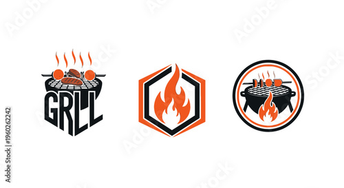 Grill and Flame Icons: BBQ, Cooking, Food Service Logos