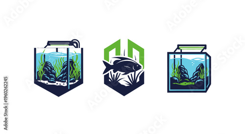 Aquarium Icon Set: Fish Tank, Logo, Marine Life Design