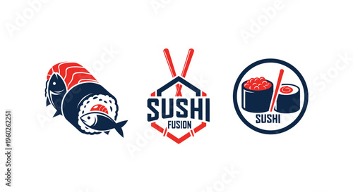 Sushi Logo Set: Rolls, Chopsticks, and Fish Icons