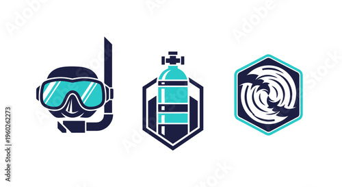 Scuba Diving Icons: Mask, Snorkel, Air Tank, and Water Swirl