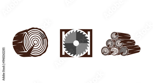 Woodworking Icons: Log, Saw Blade, Stacked Lumber