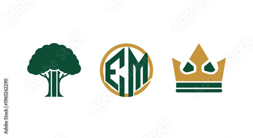 Tree, Monogram, and Crown Icons Set on White Background