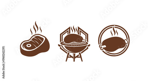 Barbecue icons: steak, chicken on grill, roasted chicken drumstick