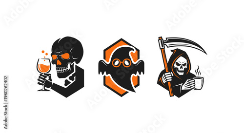 Halloween Icons: Skeleton with Wine, Ghost, Grim Reaper with Coffee