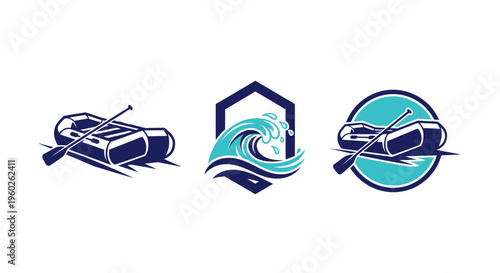 Rafting Boat and Wave Icons Set - Adventure Water Sports Graphic Collection