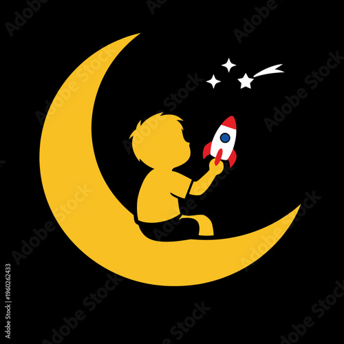 Minimalist vector of a child sitting on a crescent moon holding a toy rocket and dreaming