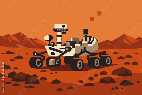 Flat vector of a modern Mars rover exploring a red rocky landscape under a dusty orange sky
