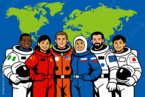 Group of diverse astronauts from different nations standing together in front of a world map