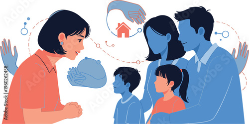 Family Counseling Support Illustration with Social Worker Assisting Parents and Children Community Care Protection Guidance and Home Assistance Concept for Social Services Education and Vector Designs