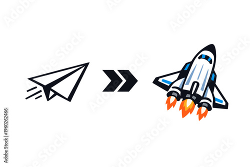 Simple flat icon of a paper plane transforming into a high-tech space shuttle in flight