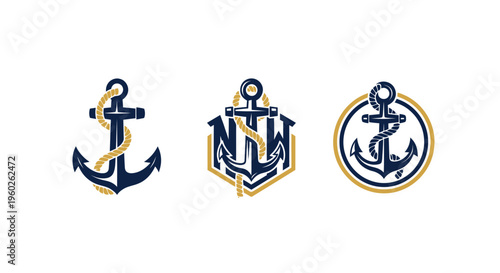 Nautical Anchor Logo Designs - Navy Blue and Gold Marine Symbols