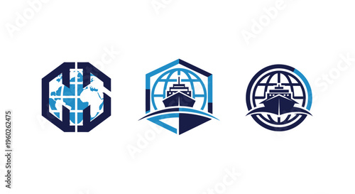 Global Shipping Logistics Logos: Ship, Globe, and Hexagon Designs