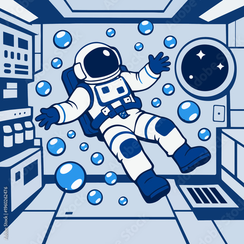 Astronaut floating in zero gravity inside a spaceship cabin with floating water droplets