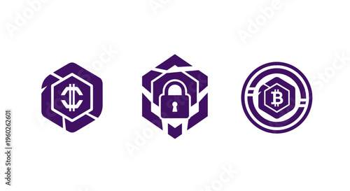 Cryptocurrency Icons: Bitcoin, Cent, Secure Lock, Digital Currency