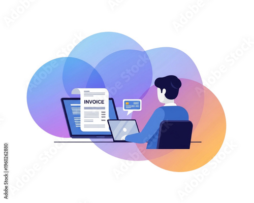 Remote digital invoicing and online payment processing illustration, freelancer managing billing, accounting, fintech transaction, electronic invoice, laptop workspace, modern business finance