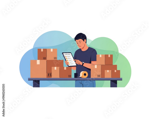 Warehouse worker checking online orders on tablet while packing shipping boxes, ecommerce fulfillment process, inventory control, parcel preparation, small business logistics illustration