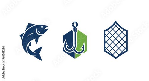 Fishing Icons: Jumping Fish, Hook and Net - Vector Set