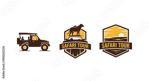 Safari Tour Logo Set: Jeep, Animal Silhouette, and Sunset Landscape