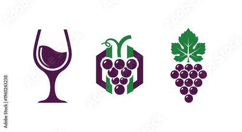 Grape Icons: Wine Glass, Hexagon Grapes, and Leaf Grapes on White Background
