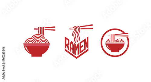 Red Ramen Noodle Bowl Icons: Chopsticks, Emblem, Circle - Vector Set