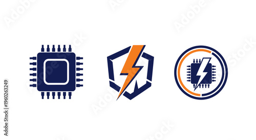 Computer Chip Icons: Microprocessor, Shield, and Circuit Board Symbol